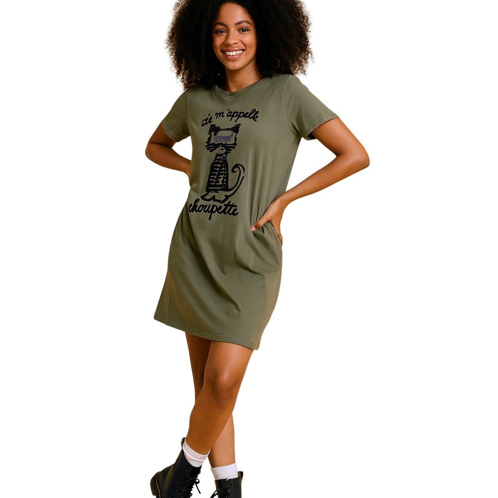 Karl Lagerfeld Paris SMALL Je M'appelle Choupette Cat Olive Green Tshirt Dress